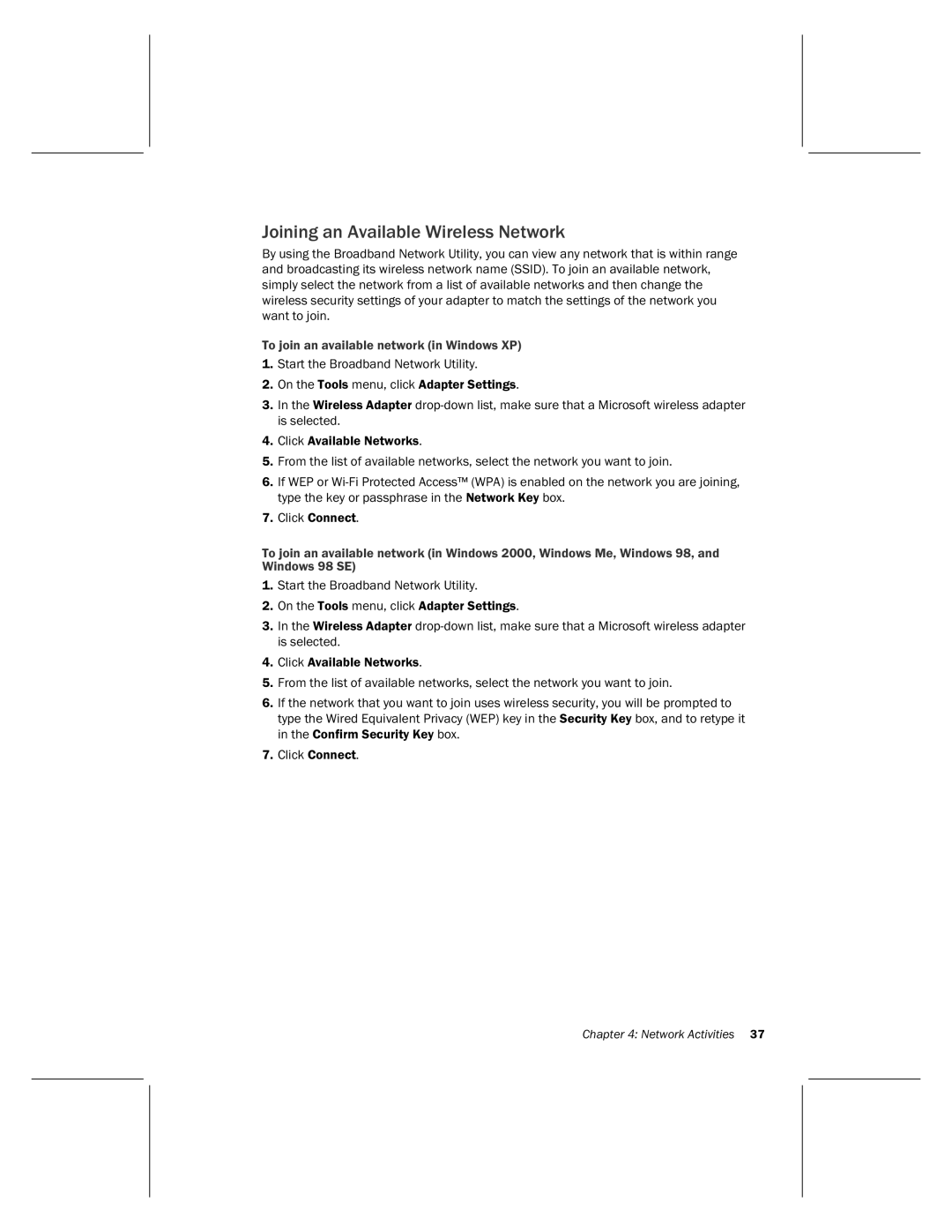 Microsoft MN-820 manual Joining an Available Wireless Network, To join an available network in Windows XP 