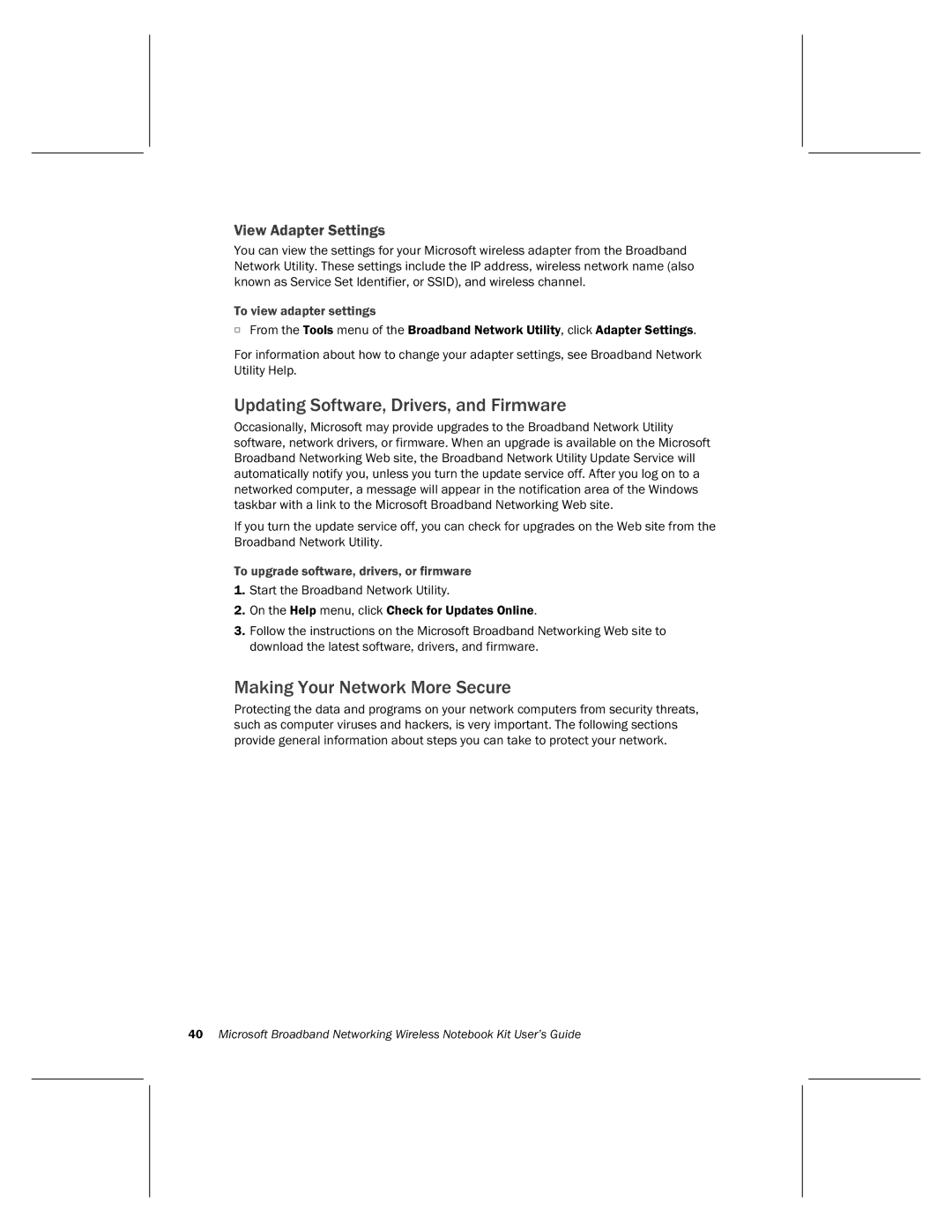 Microsoft MN-820 manual Updating Software, Drivers, and Firmware, Making Your Network More Secure, View Adapter Settings 