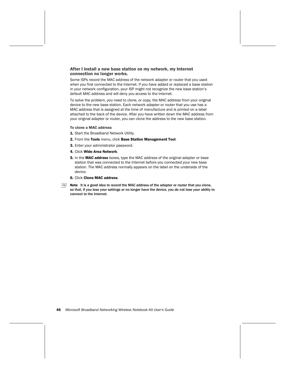 Microsoft MN-820 manual To clone a MAC address 