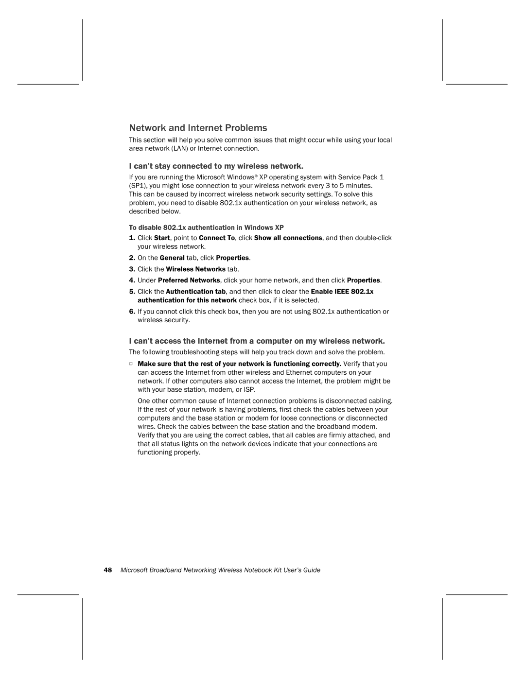 Microsoft MN-820 manual Network and Internet Problems, Can’t stay connected to my wireless network 