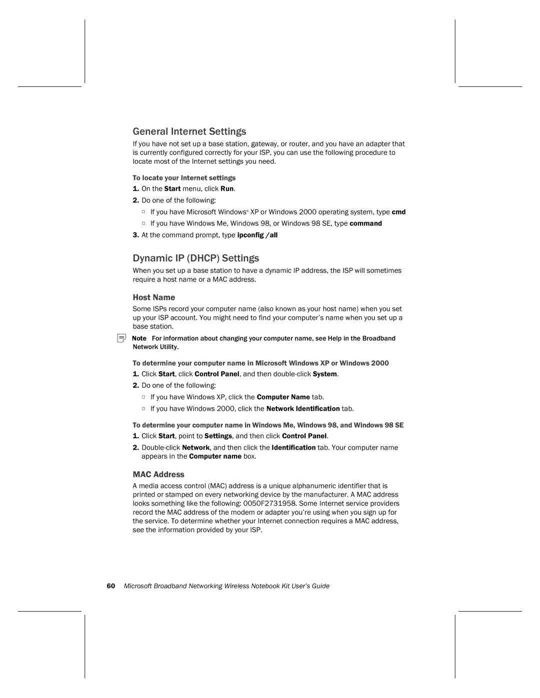 Microsoft MN-820 manual General Internet Settings, Dynamic IP Dhcp Settings, Host Name, MAC Address 