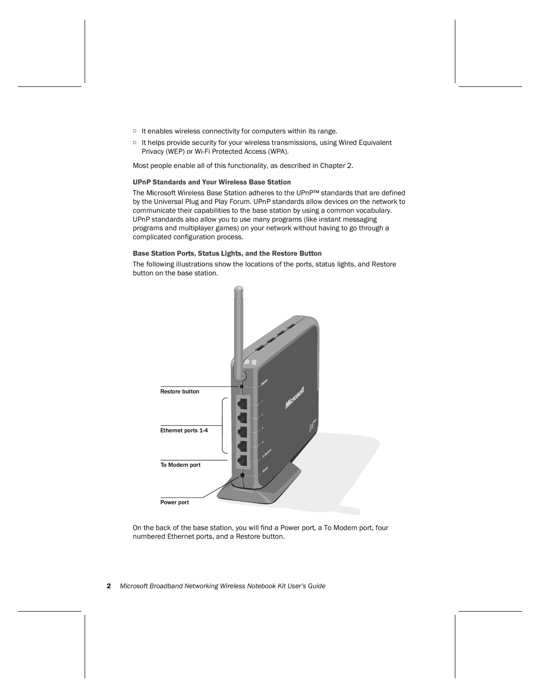 Microsoft MN-820 UPnP Standards and Your Wireless Base Station, Base Station Ports, Status Lights, and the Restore Button 