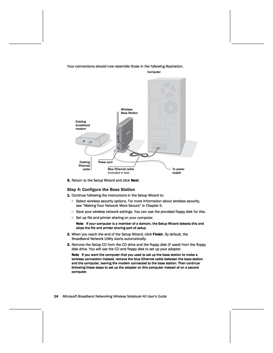 Microsoft MN-820 manual Configure the Base Station, Microsoft Broadband Networking Wireless Notebook Kit User’s Guide 