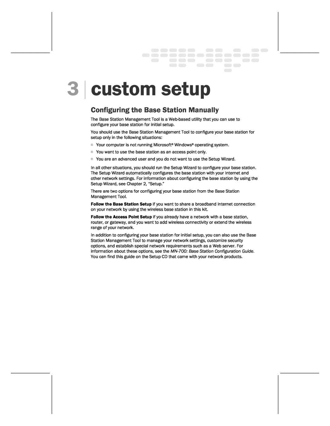 Microsoft MN-820 manual custom setup, Configuring the Base Station Manually 