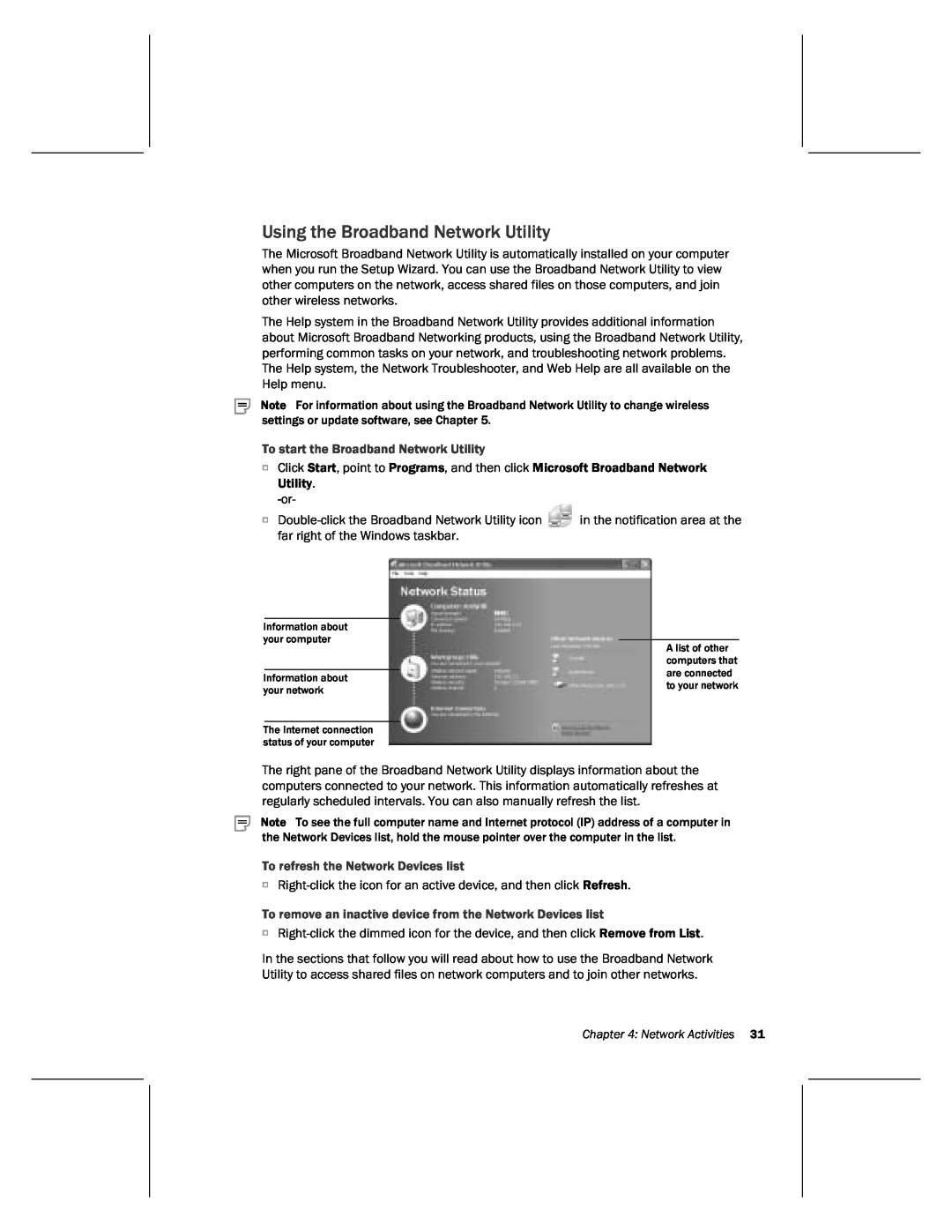 Microsoft MN-820 manual Using the Broadband Network Utility, To start the Broadband Network Utility, Network Activities 