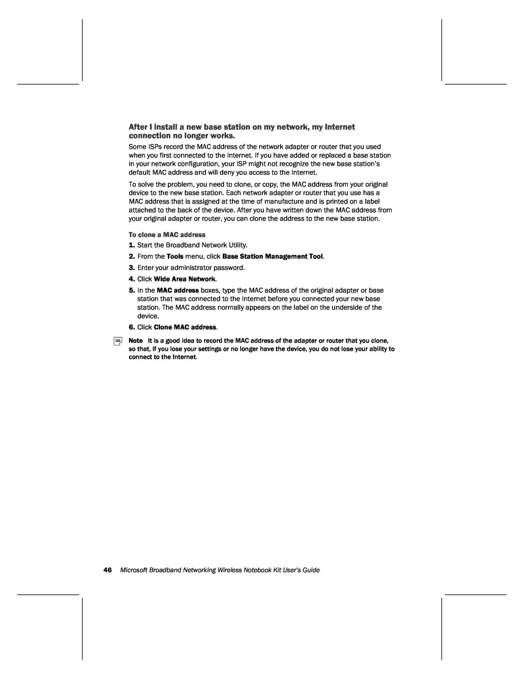 Microsoft MN-820 manual To clone a MAC address, Microsoft Broadband Networking Wireless Notebook Kit User’s Guide 
