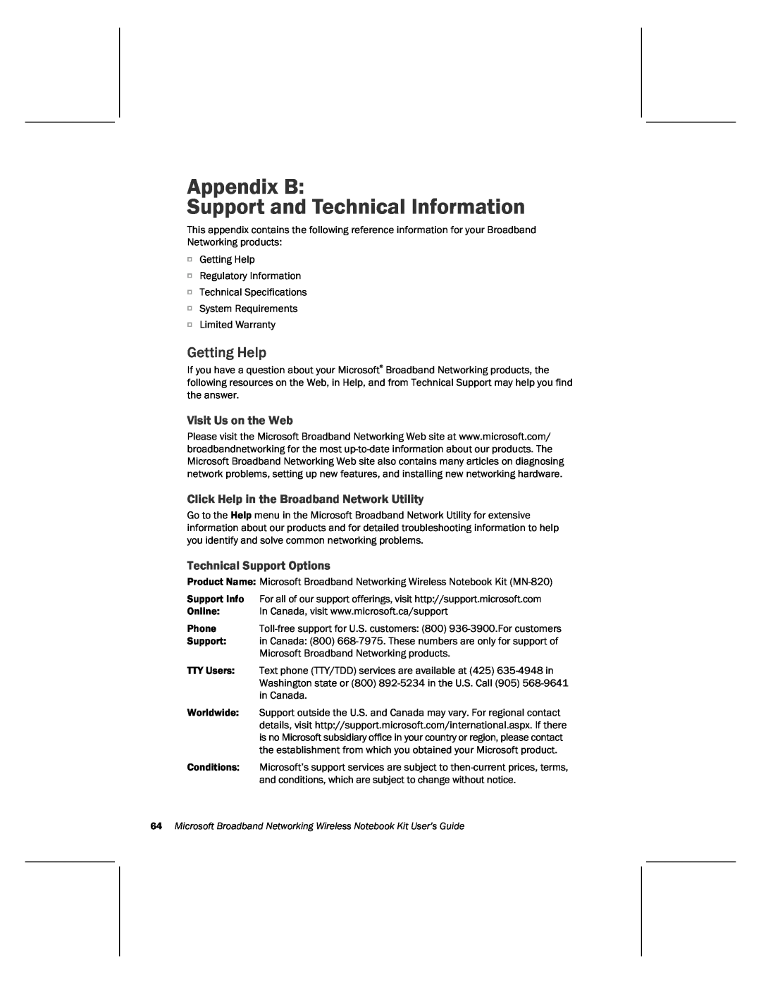 Microsoft MN-820 manual Appendix B Support and Technical Information, Getting Help, Visit Us on the Web 