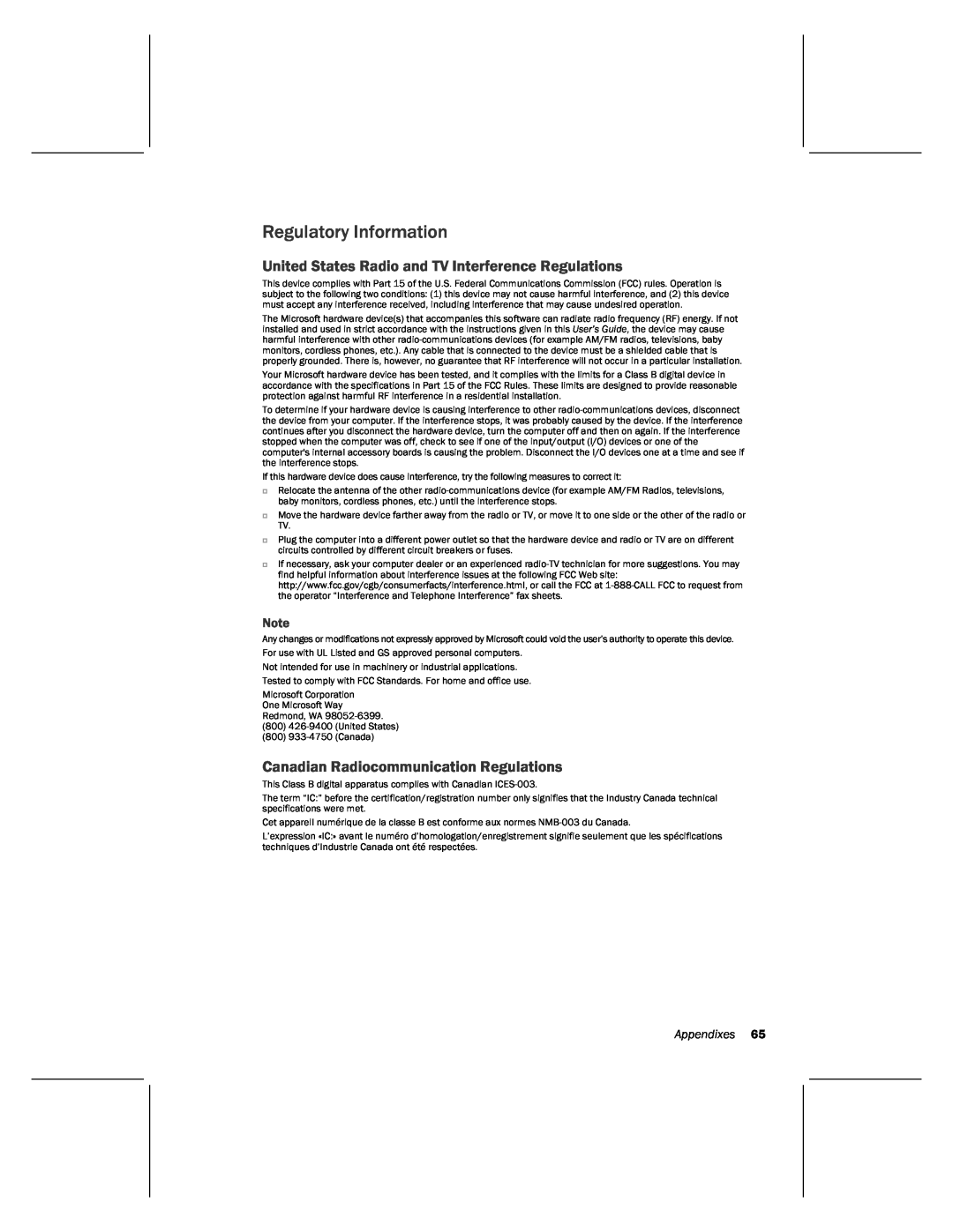 Microsoft MN-820 manual Regulatory Information, United States Radio and TV Interference Regulations, Appendixes 
