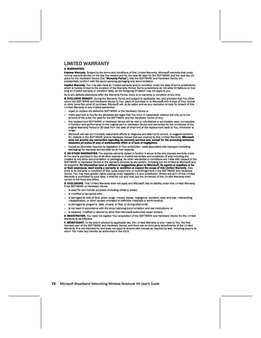 Microsoft MN-820 manual Limited Warranty, Microsoft Broadband Networking Wireless Notebook Kit User’s Guide 