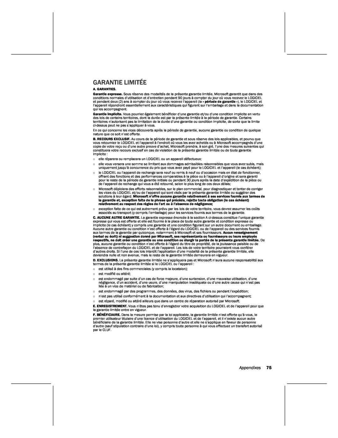 Microsoft MN-820 manual Garantie Limitée, Appendixes 