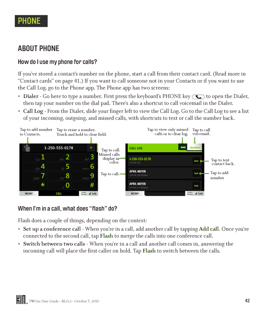 Microsoft OMPB20VWM manual About Phone, How do I use my phone for calls?, When I’m in a call, what does flash do? 