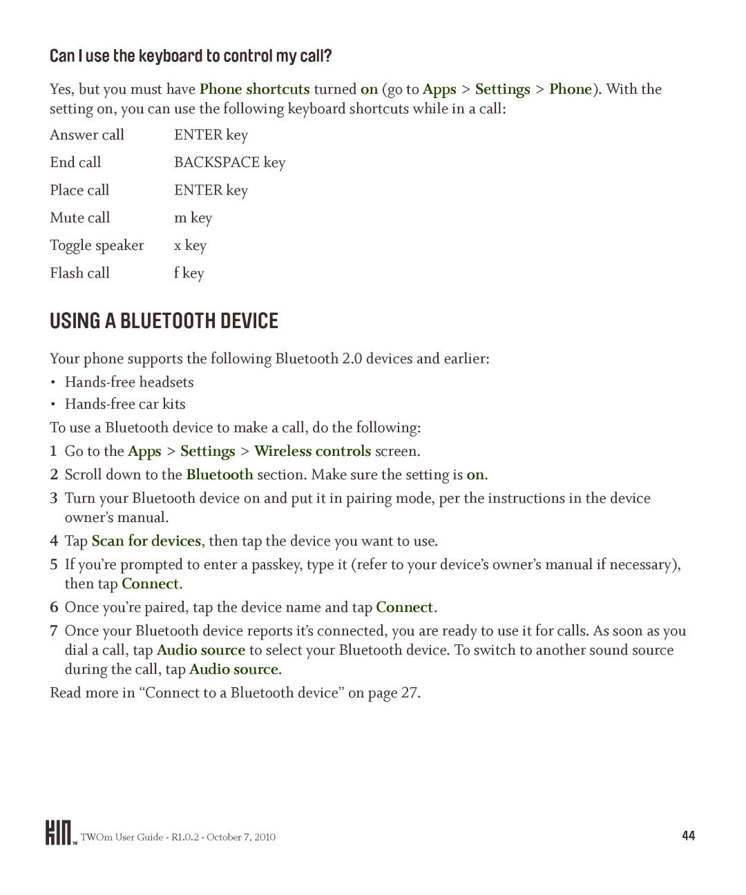 Microsoft OMPB20VWM Using a Bluetooth Device, Can I use the keyboard to control my call?, Answer call Enter key End call 