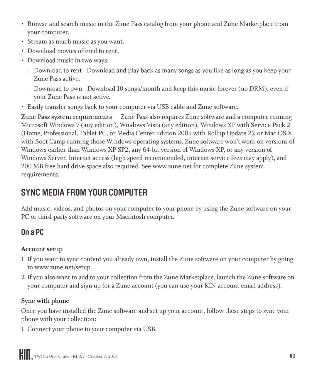 Microsoft OMPB20VWM, PB20ZUMPB20ZUM manual Sync Media from Your Computer, On a PC, Account setup, Sync with phone 