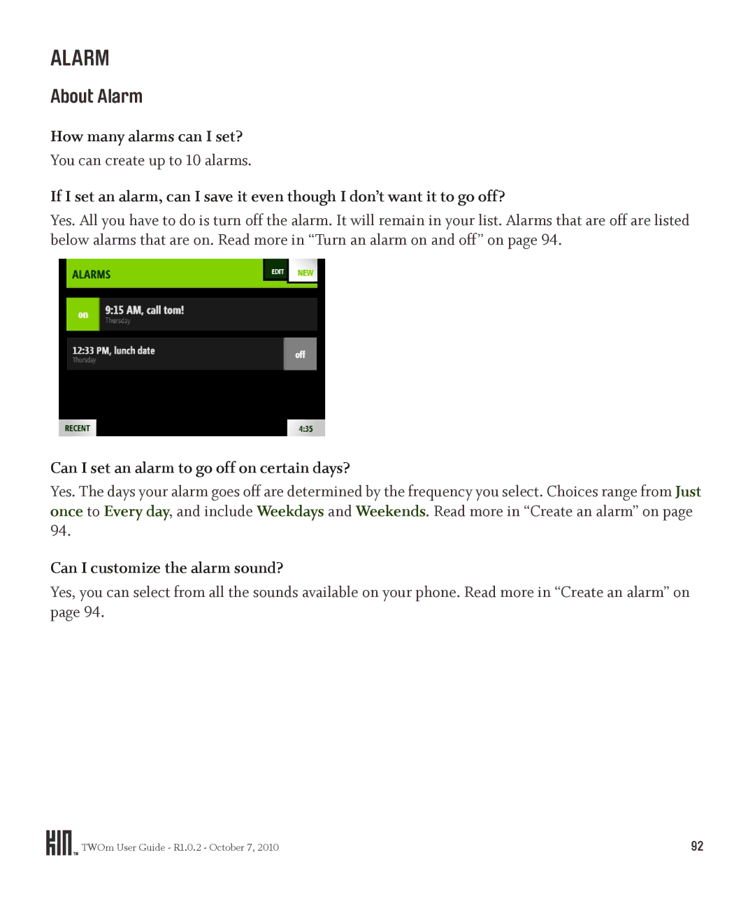 Microsoft OMPB20VWM manual About Alarm, How many alarms can I set?, Can I set an alarm to go off on certain days? 