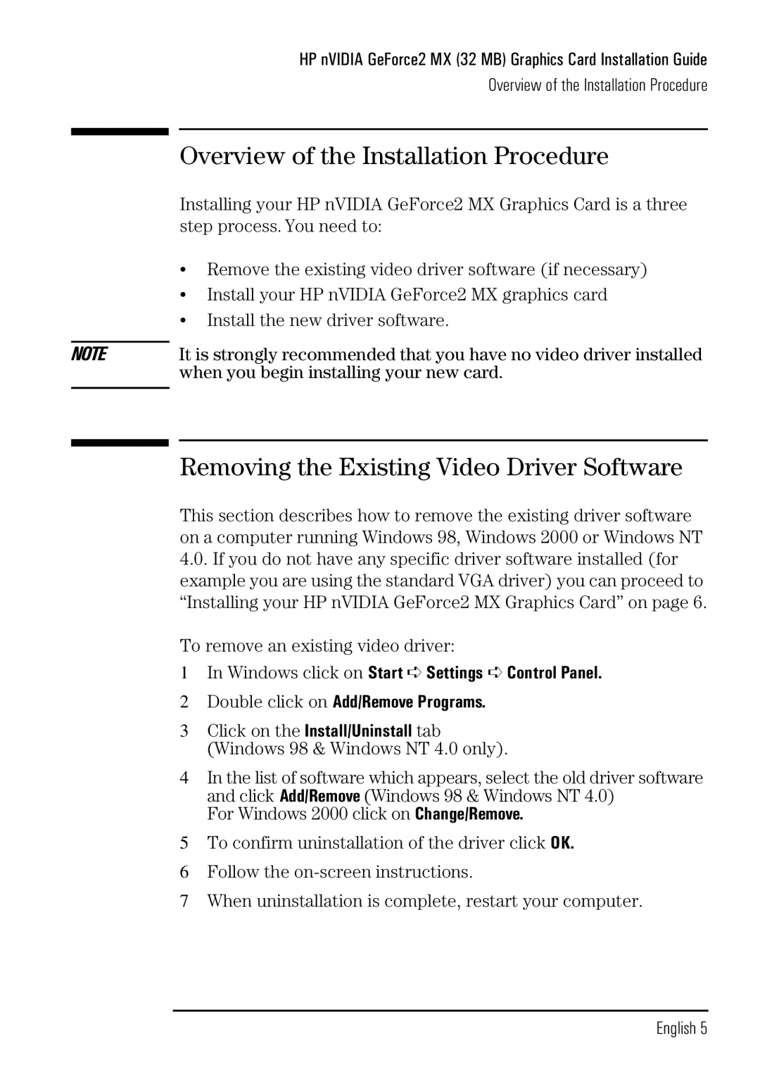 Microsoft P2289A manual Overview of the Installation Procedure, Removing the Existing Video Driver Software 