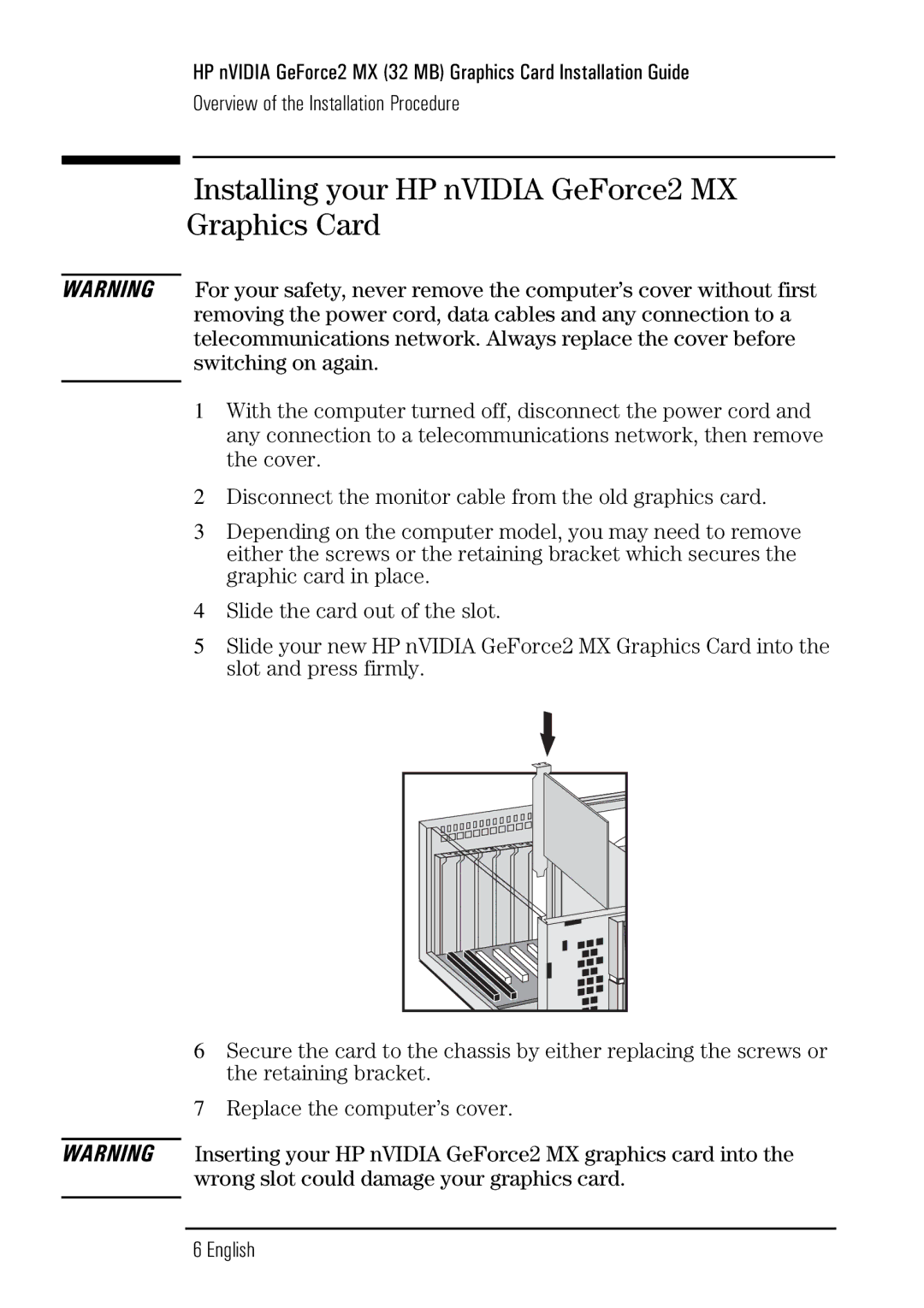 Microsoft P2289A manual Installing your HP nVIDIA GeForce2 MX Graphics Card 