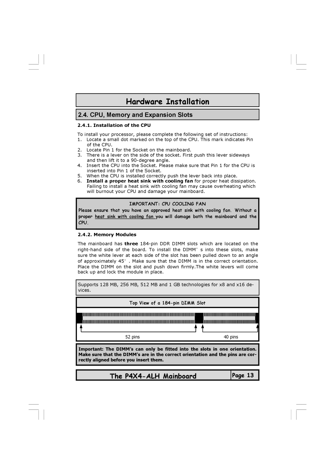 Microsoft P4X4-ALH manual CPU, Memory and Expansion Slots, Installation of the CPU, Memory Modules 