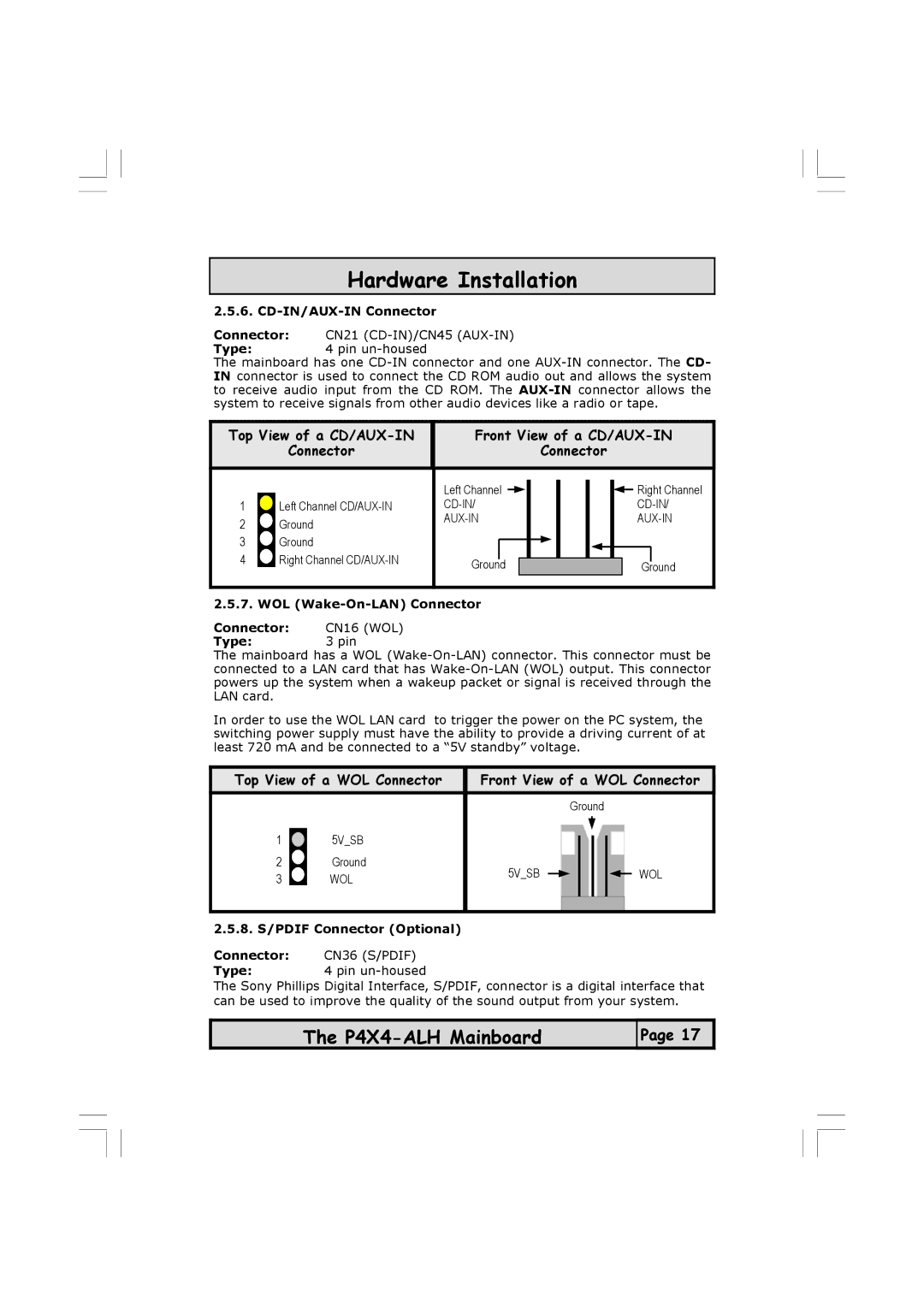 Microsoft P4X4-ALH manual CD-IN/AUX-IN Connector, WOL Wake-On-LAN Connector 