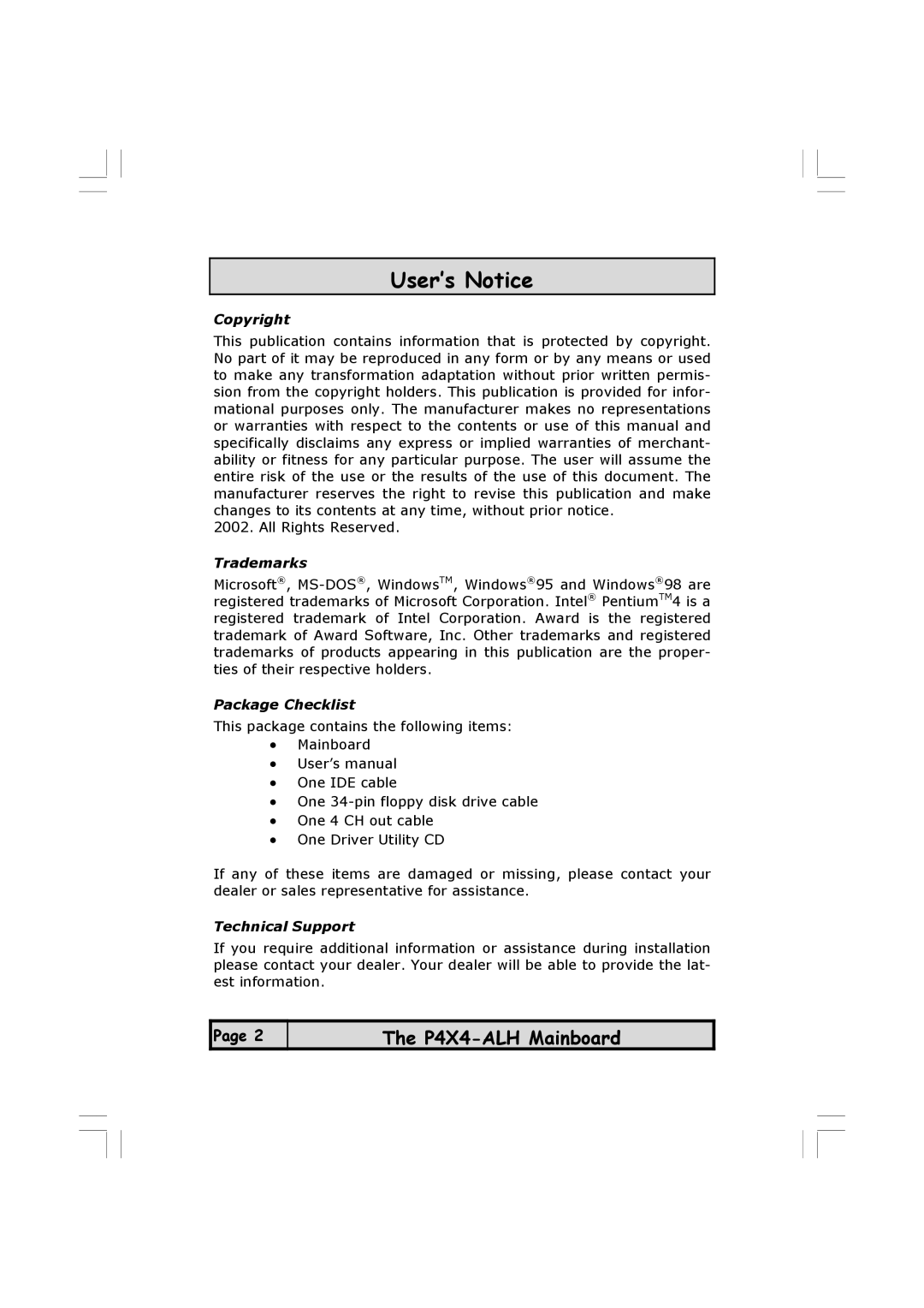 Microsoft P4X4-ALH manual User’s Notice 