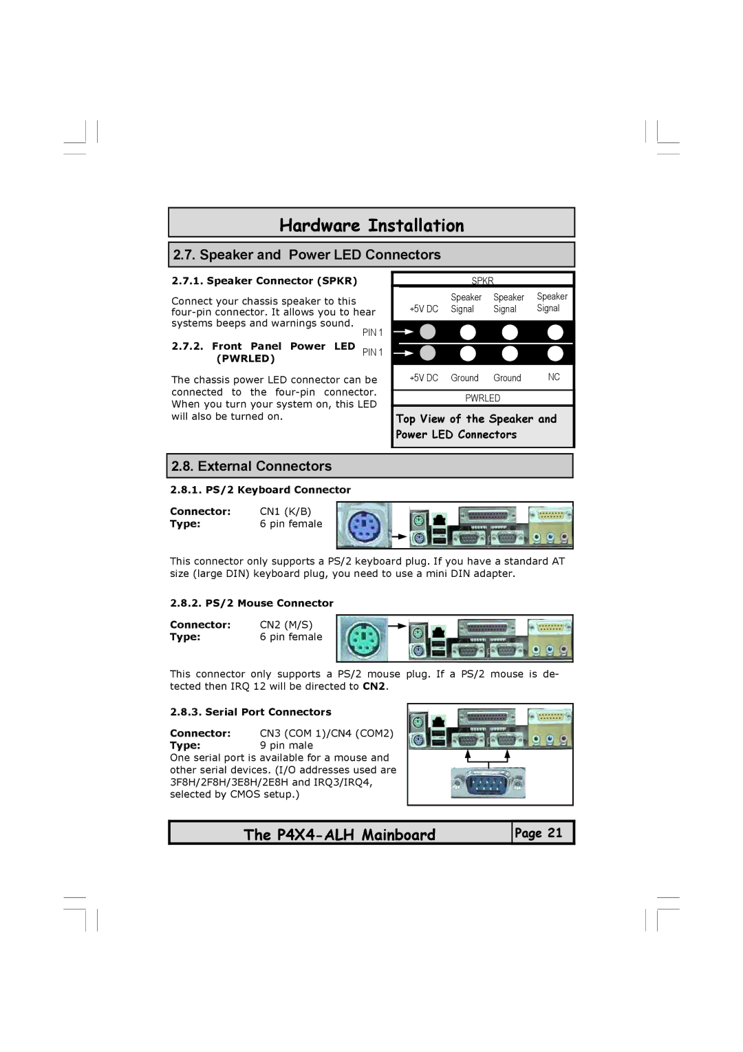 Microsoft P4X4-ALH manual Speaker and Power LED Connectors, External Connectors 