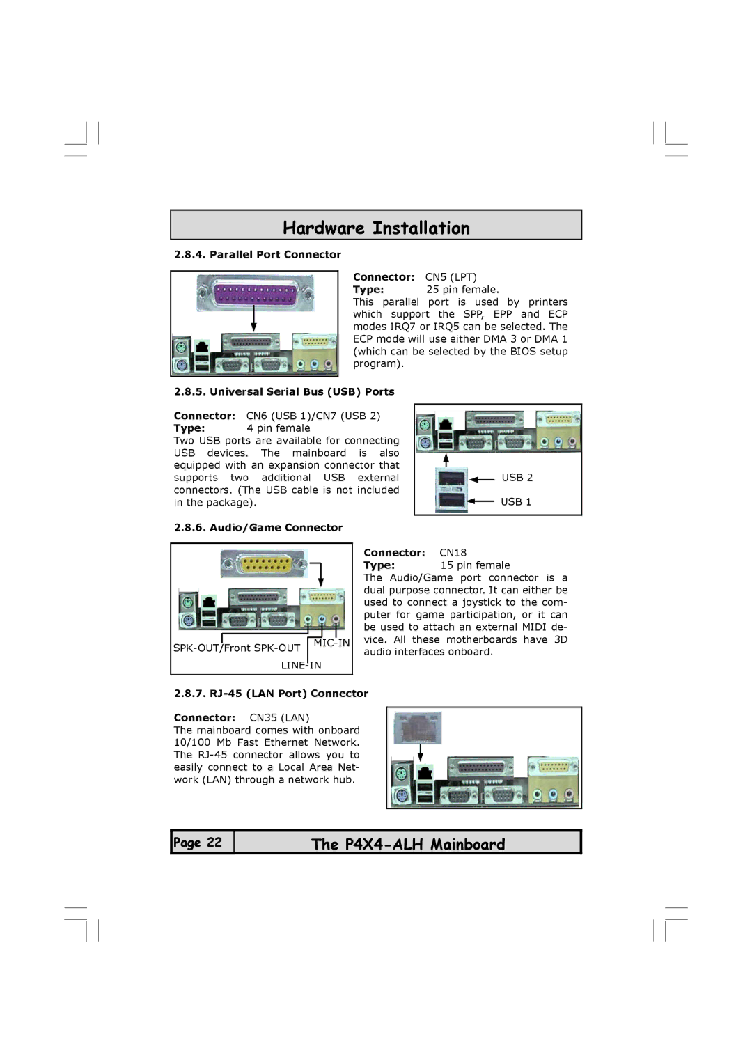 Microsoft P4X4-ALH manual Parallel Port Connector Connector CN5 LPT, Universal Serial Bus USB Ports, Audio/Game Connector 