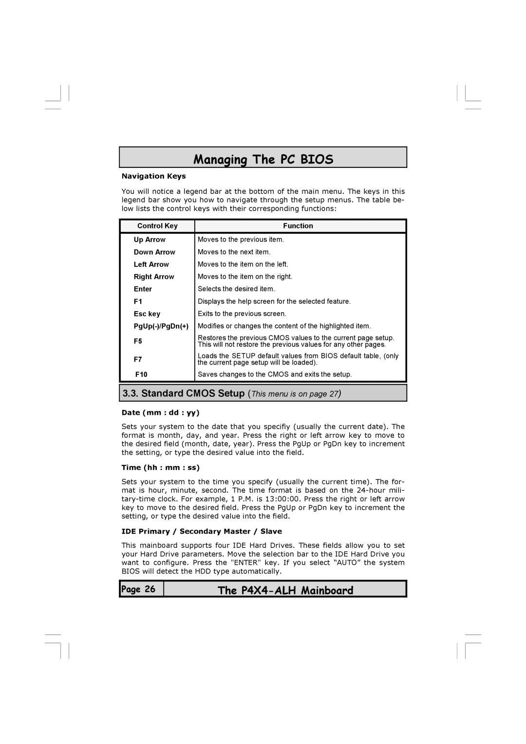 Microsoft P4X4-ALH manual Navigation Keys, Date mm dd yy, Time hh mm ss, IDE Primary / Secondary Master / Slave 