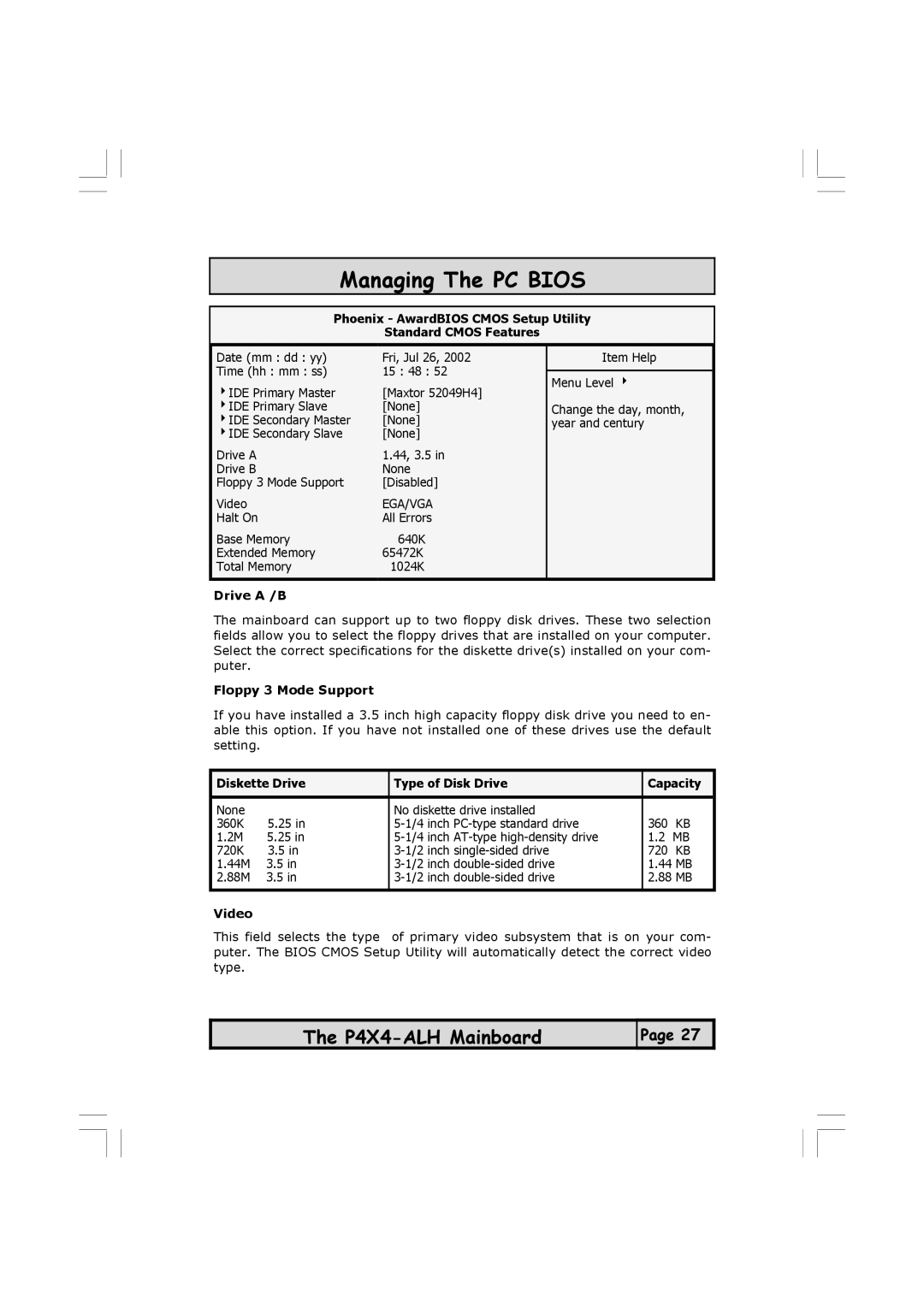 Microsoft P4X4-ALH Phoenix AwardBIOS Cmos Setup Utility Standard Cmos Features, Drive a /B, Floppy 3 Mode Support, Video 