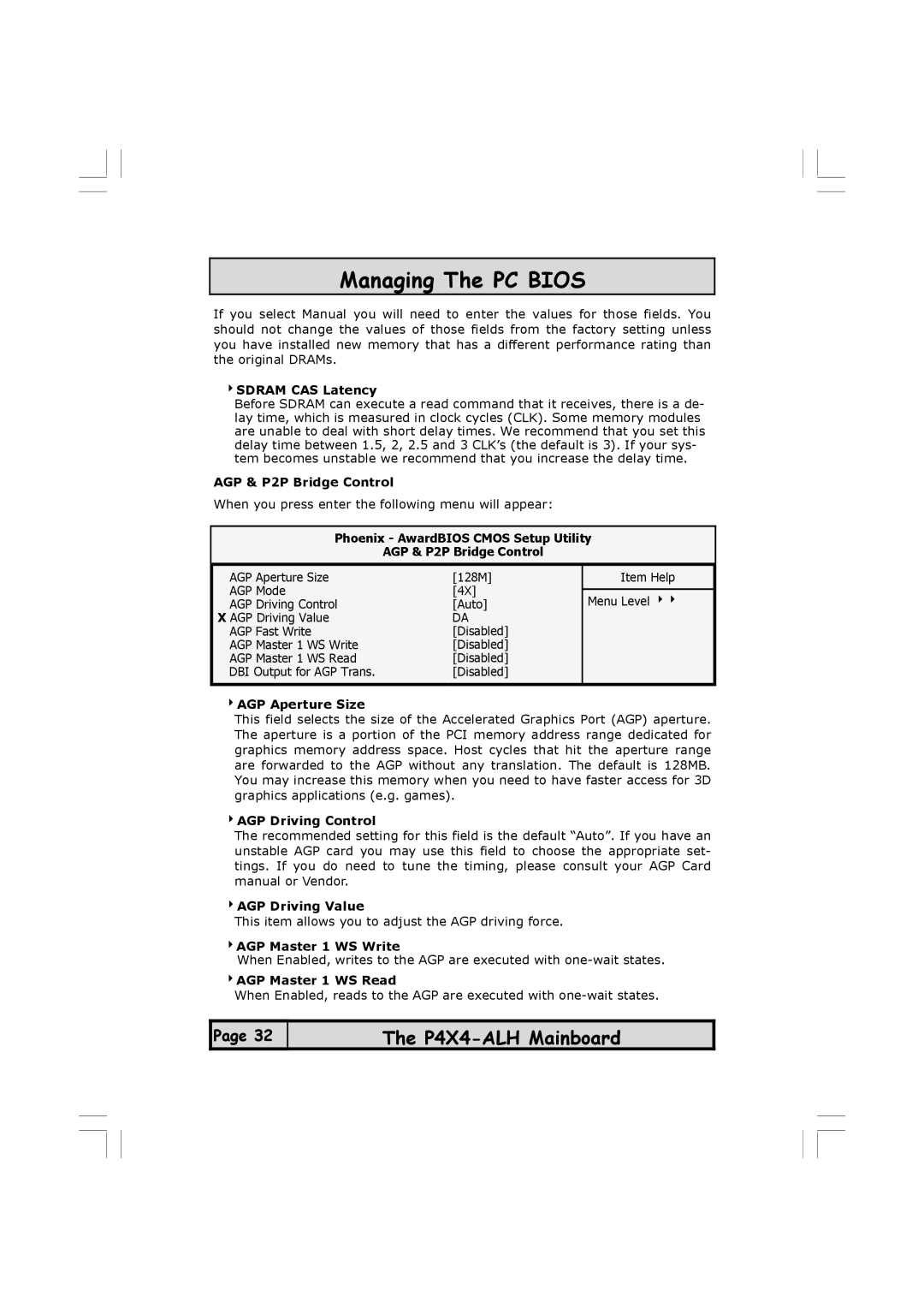 Microsoft P4X4-ALH manual 4SDRAM CAS Latency, AGP & P2P Bridge Control, 4AGP Aperture Size, 4AGP Driving Control 