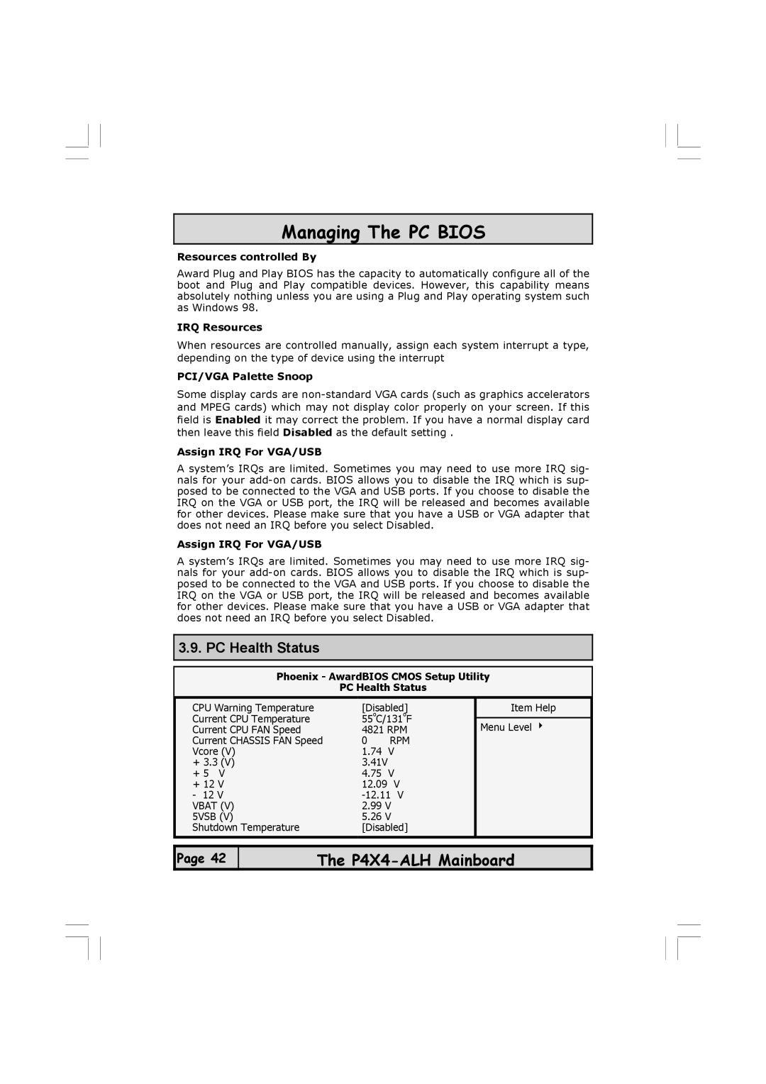 Microsoft P4X4-ALH PC Health Status, Resources controlled By, IRQ Resources, PCI/VGA Palette Snoop, Assign IRQ For VGA/USB 