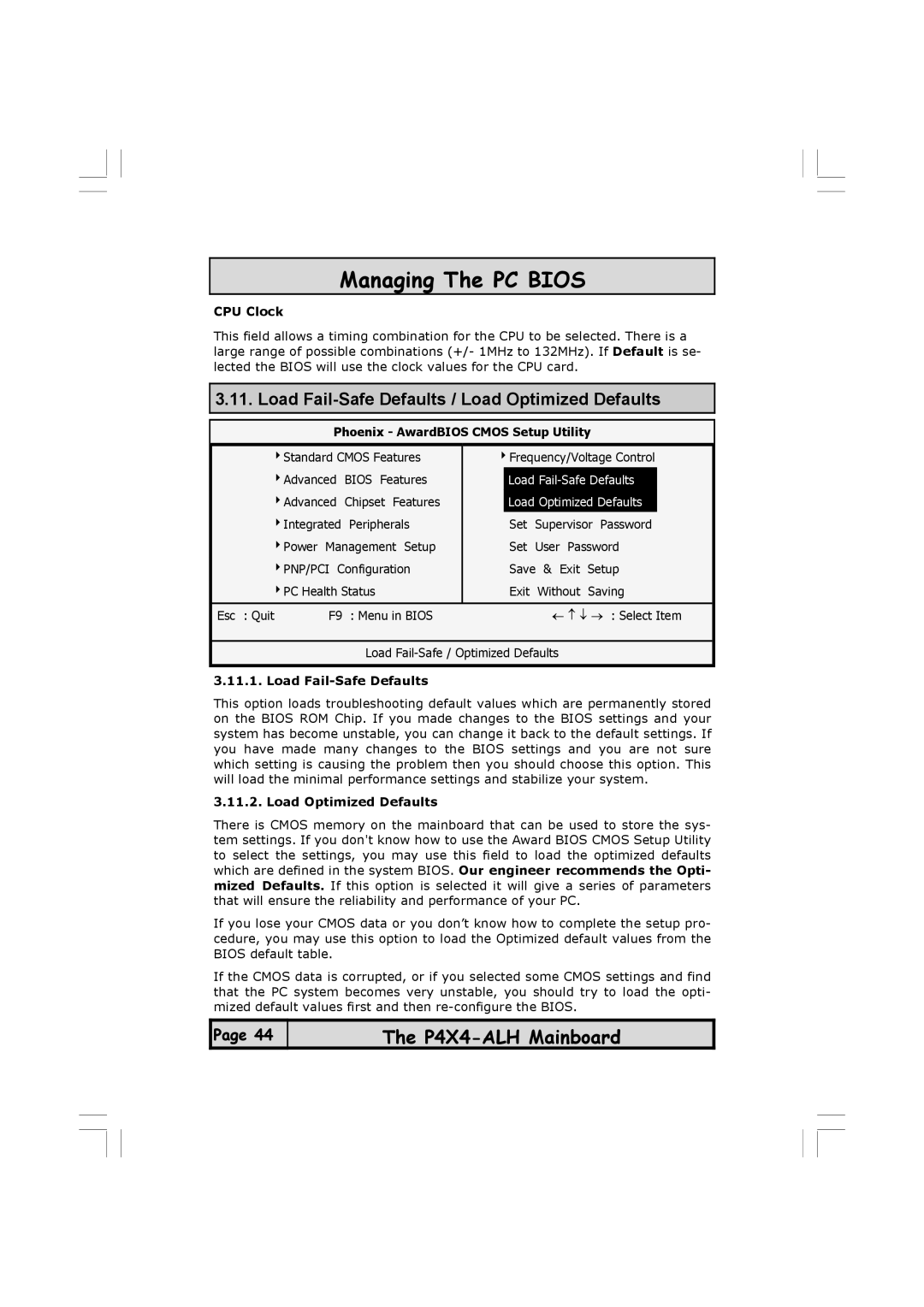 Microsoft P4X4-ALH manual Load Fail-Safe Defaults / Load Optimized Defaults, Phoenix AwardBIOS Cmos Setup Utility 