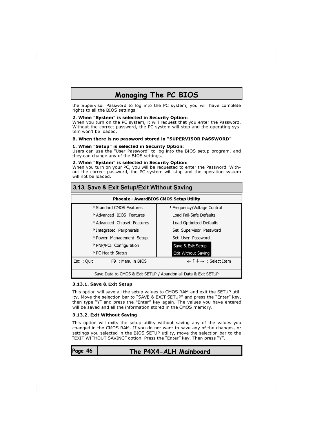 Microsoft P4X4-ALH manual Save & Exit Setup/Exit Without Saving 