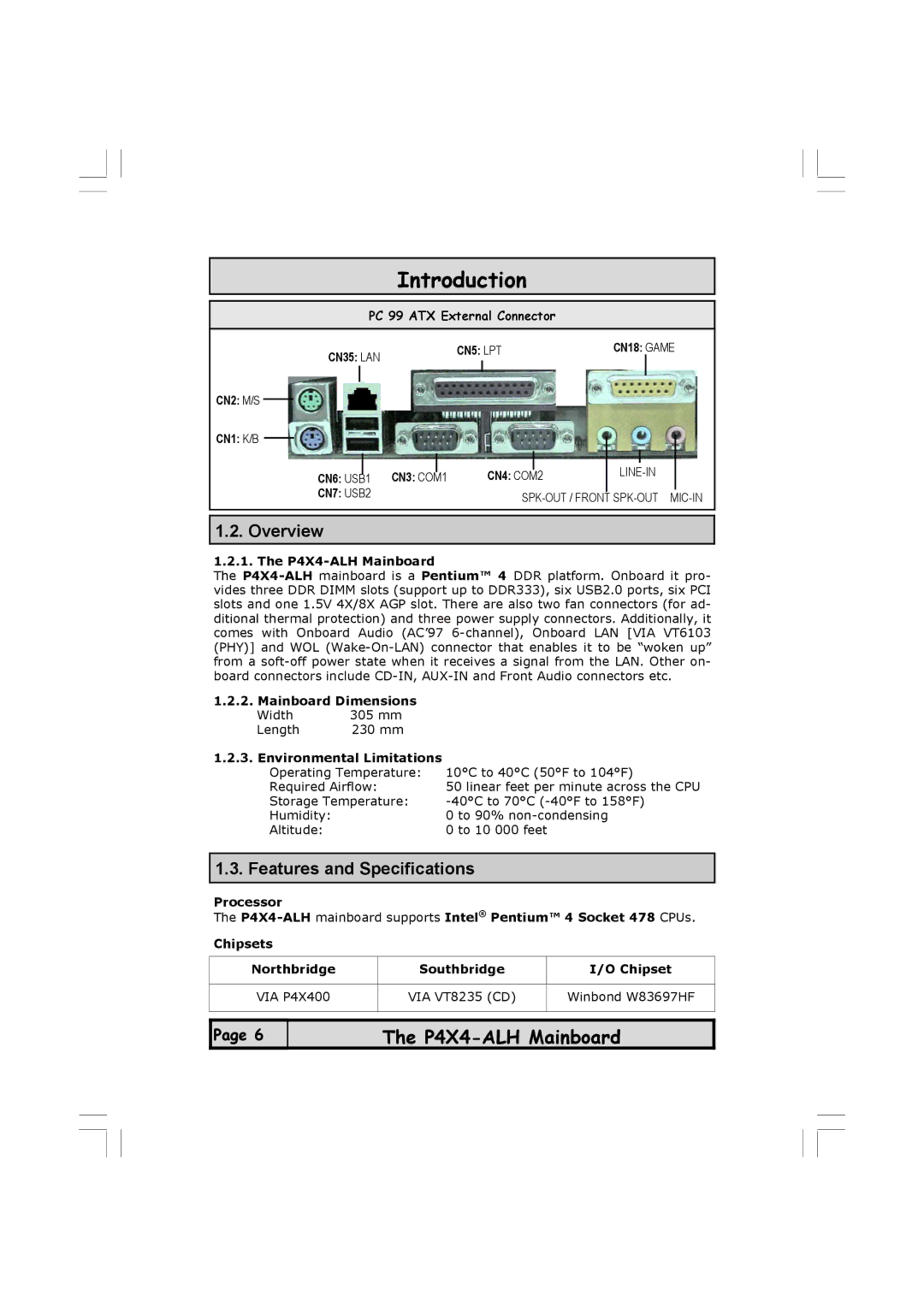 Microsoft manual Overview, Features and Specifications, P4X4-ALH Mainboard, Mainboard Dimensions 