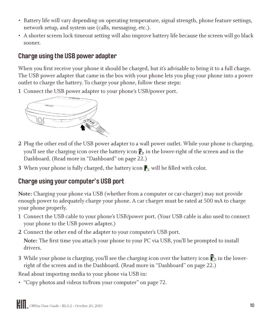 Microsoft PB10ZUM, OMPB10VWM manual Charge using the USB power adapter, Charge using your computer’s USB port 