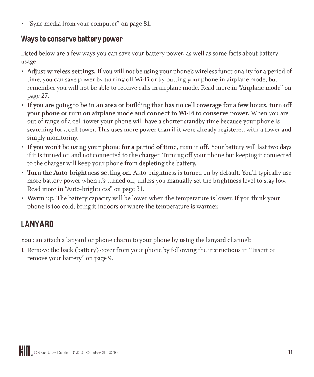 Microsoft OMPB10VWM, PB10ZUM manual Lanyard, Ways to conserve battery power, Sync media from your computer on 