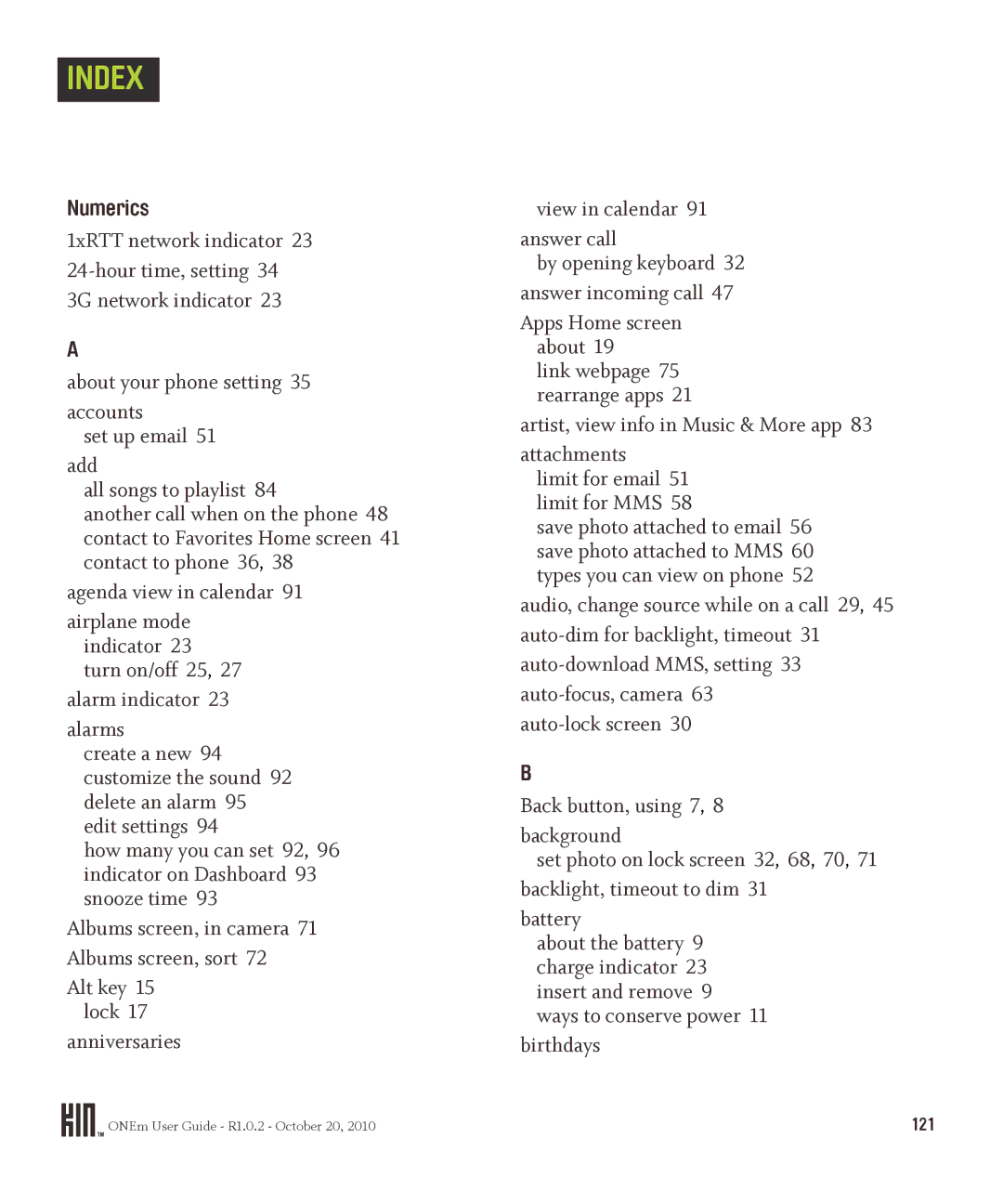 Microsoft OMPB10VWM, PB10ZUM manual Index, Numerics, Anniversaries View in calendar Answer call, Birthdays 