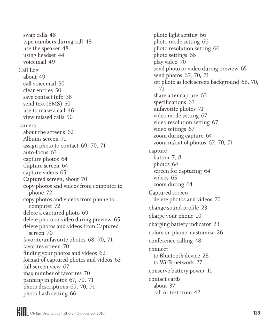 Microsoft OMPB10VWM, PB10ZUM manual Camera, Assign photo to contact 69, 70, 71 auto-focus, Connect, Conserve battery power 