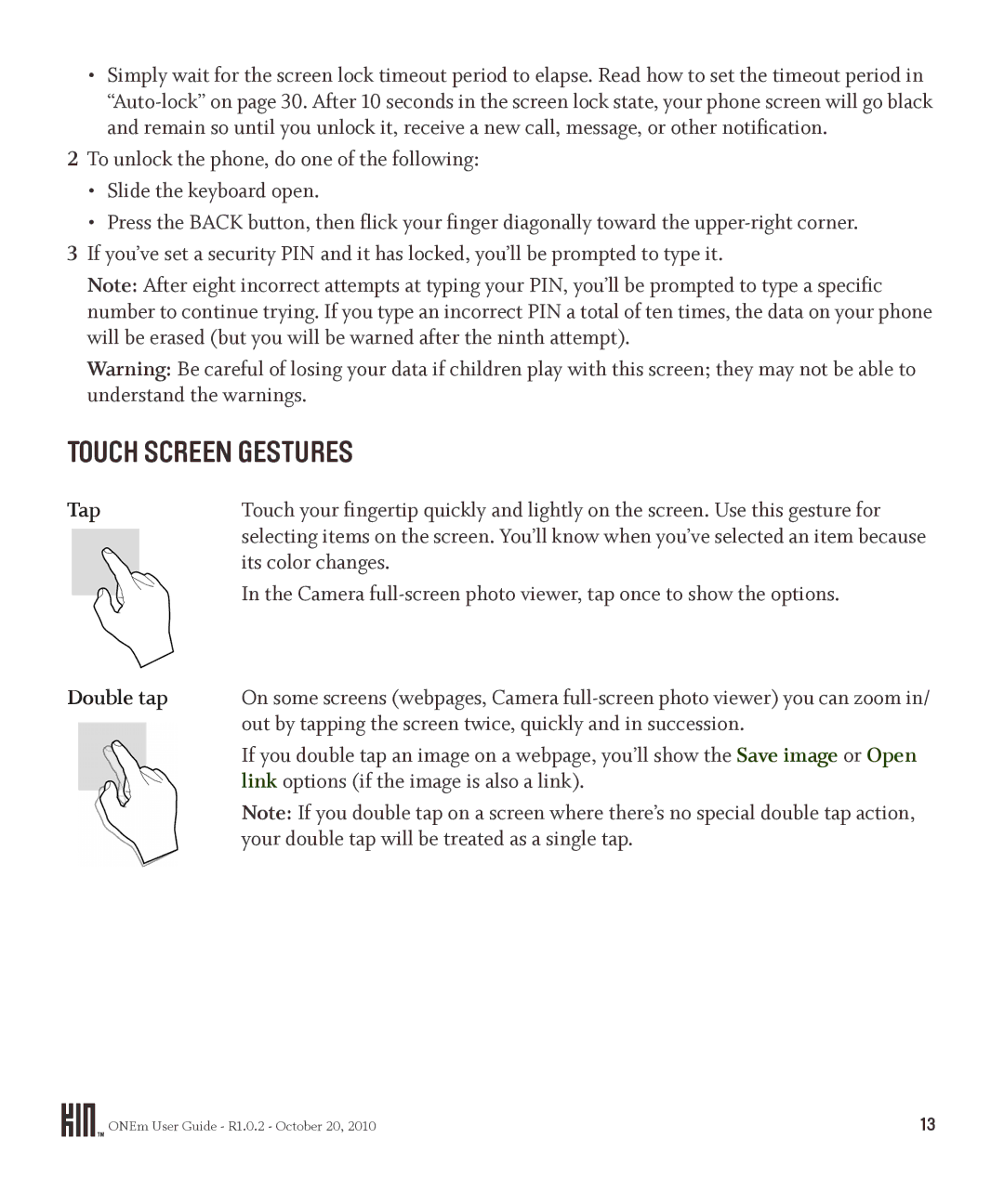 Microsoft OMPB10VWM, PB10ZUM manual Touch Screen Gestures, Tap, Double tap 