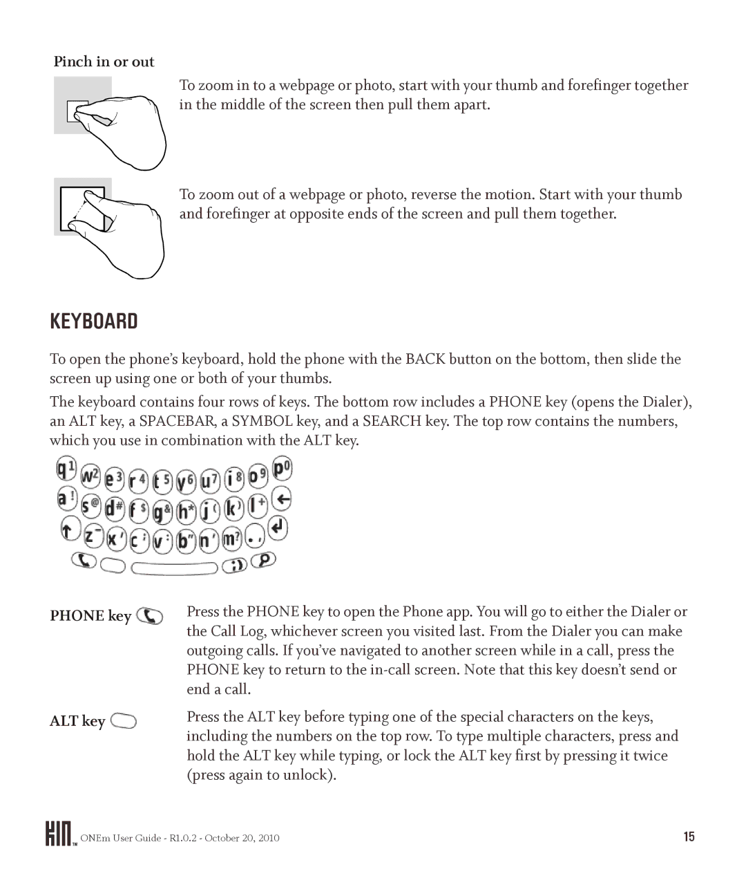 Microsoft OMPB10VWM, PB10ZUM manual Keyboard, Pinch in or out, Phone key ALT key 
