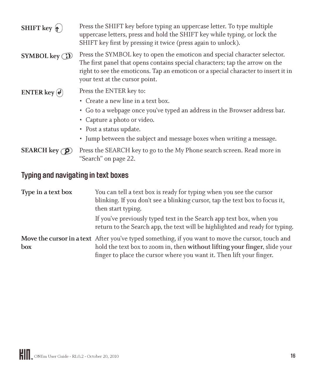 Microsoft PB10ZUM manual Typing and navigating in text boxes, Shift key Symbol key Enter key Search key, Type in a text box 