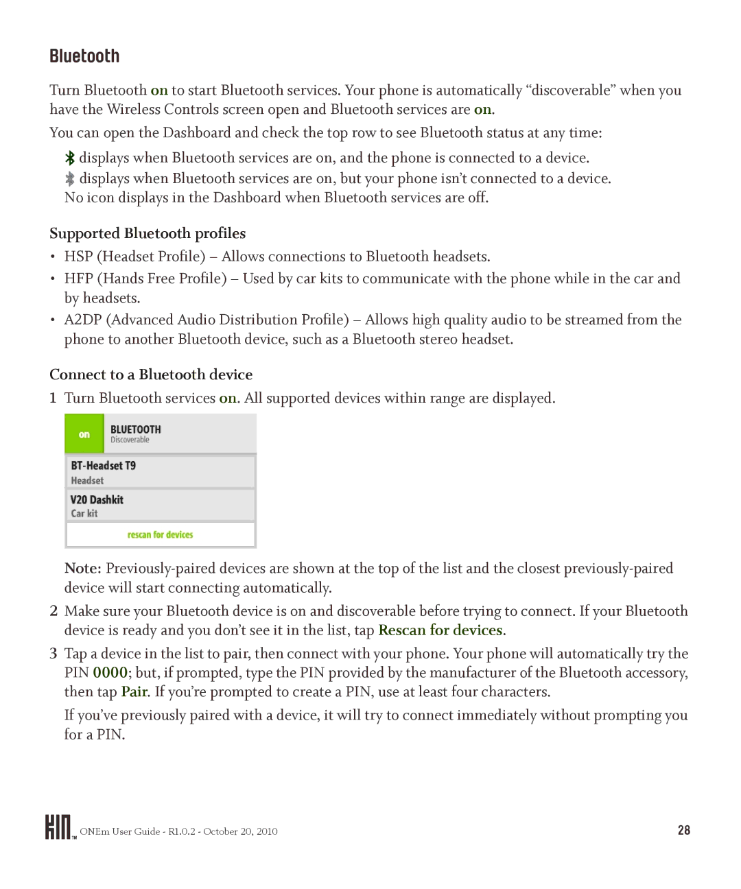 Microsoft PB10ZUM, OMPB10VWM manual Supported Bluetooth profiles, Connect to a Bluetooth device 