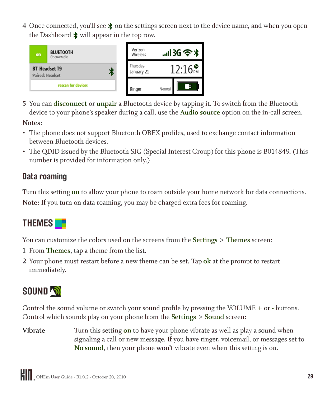 Microsoft OMPB10VWM, PB10ZUM manual Themes, Sound, Data roaming, Vibrate 