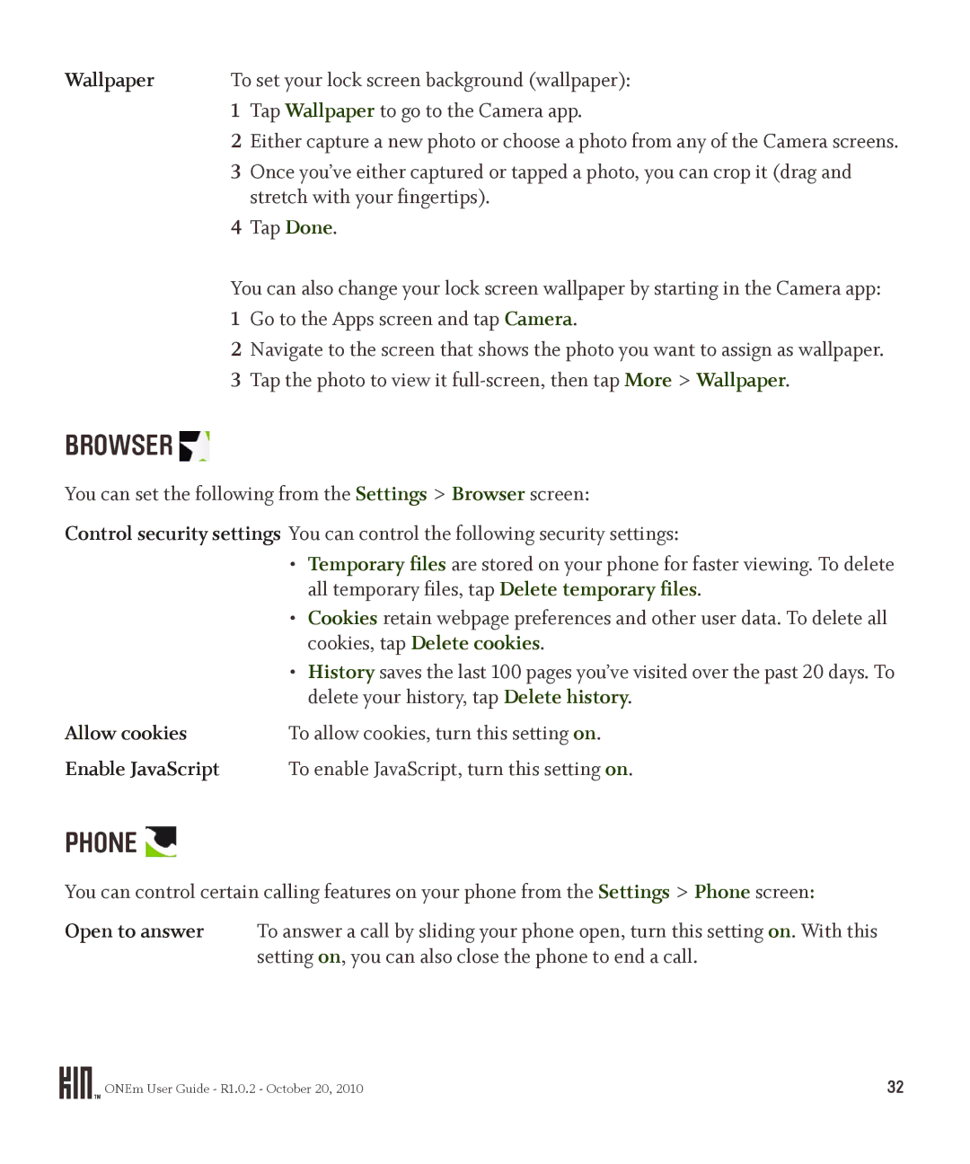 Microsoft PB10ZUM, OMPB10VWM manual Browser, Phone, Wallpaper, Allow cookies, Enable JavaScript 