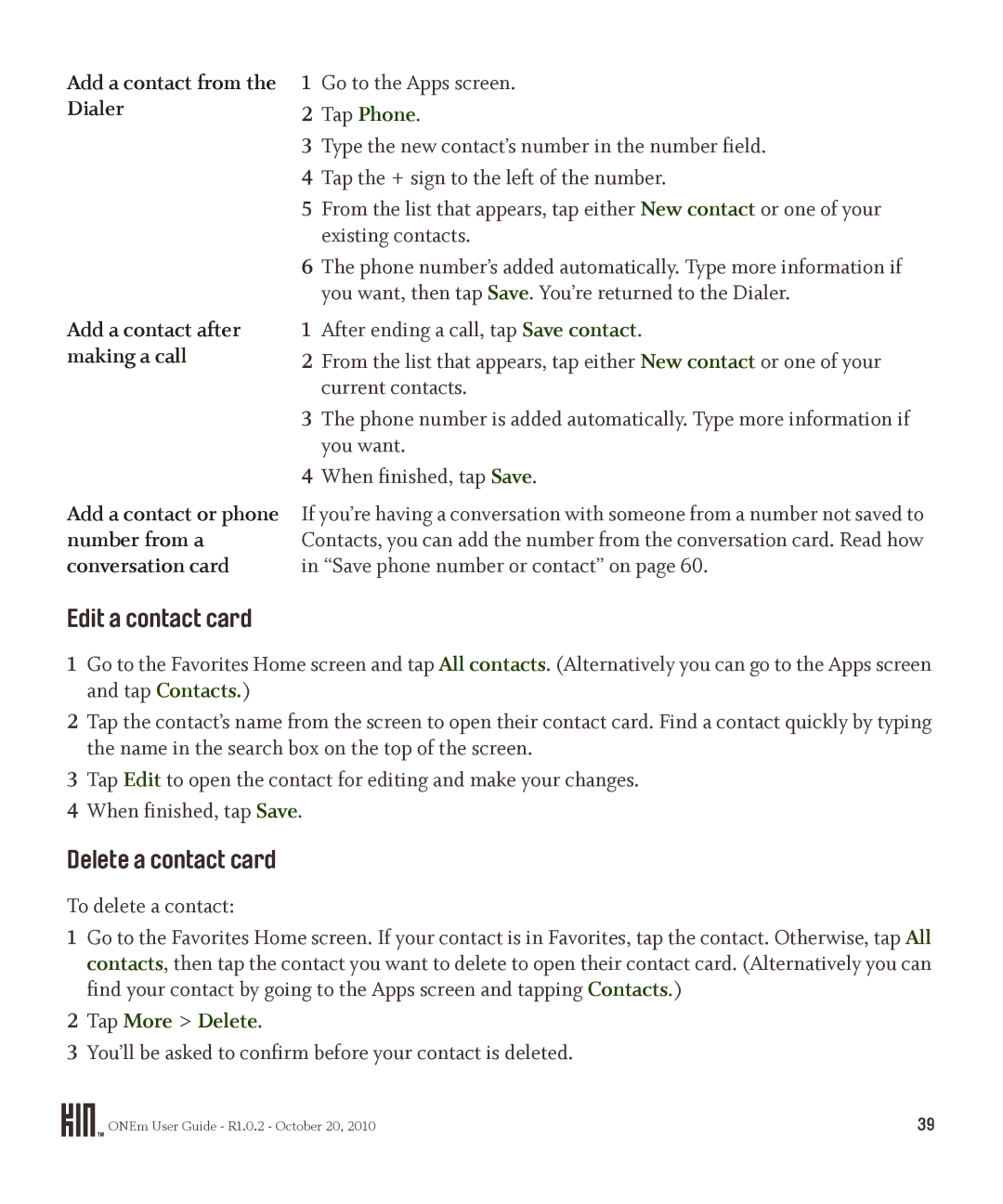 Microsoft OMPB10VWM, PB10ZUM Edit a contact card, Delete a contact card, Add a contact from the Dialer, Tap More Delete 