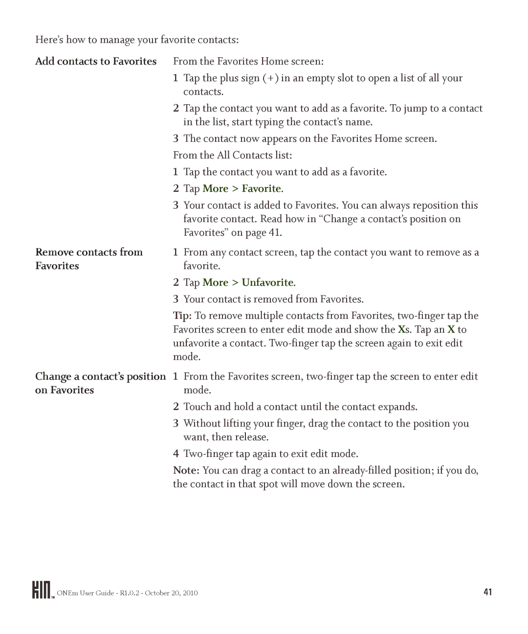 Microsoft OMPB10VWM, PB10ZUM manual Tap More Favorite, Remove contacts from, Tap More Unfavorite, On Favorites 