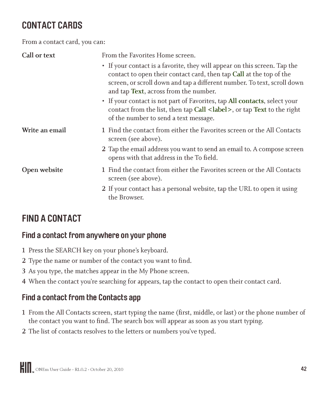 Microsoft PB10ZUM, OMPB10VWM manual Contact Cards, Find a Contact, Find a contact from anywhere on your phone 