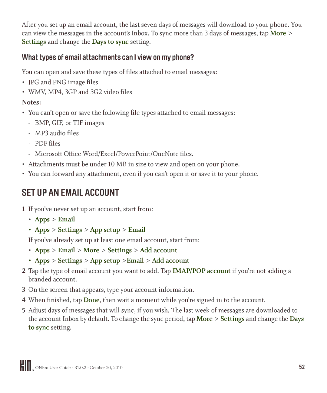 Microsoft PB10ZUM, OMPB10VWM manual SET UP AN Email Account, What types of email attachments can I view on my phone? 