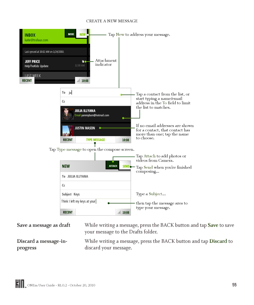 Microsoft OMPB10VWM, PB10ZUM Save a message as draft, Your message to the Drafts folder, Discard a message-in, Progress 