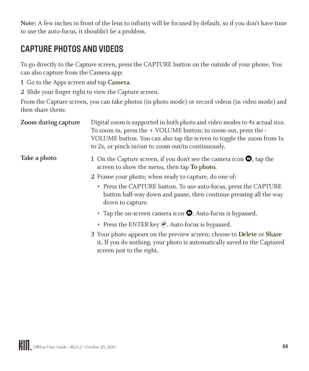 Microsoft PB10ZUM, OMPB10VWM manual Capture Photos and Videos, Zoom during capture Take a photo 