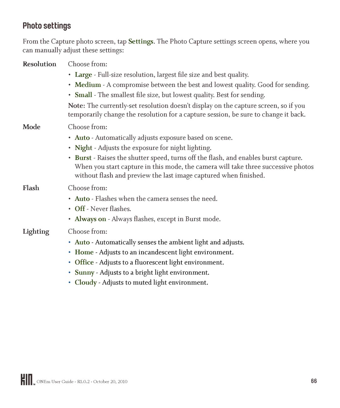Microsoft PB10ZUM, OMPB10VWM manual Photo settings, Resolution, Mode, Flash, Lighting 