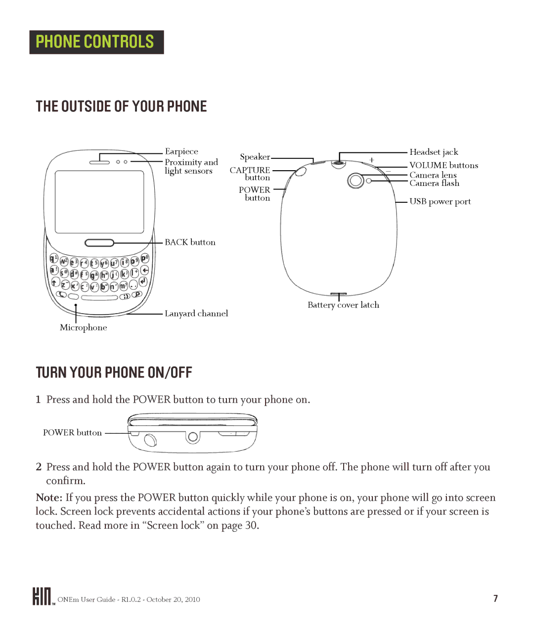 Microsoft OMPB10VWM, PB10ZUM manual Phone Controls, Outside of Your Phone, Turn Your Phone ON/OFF 